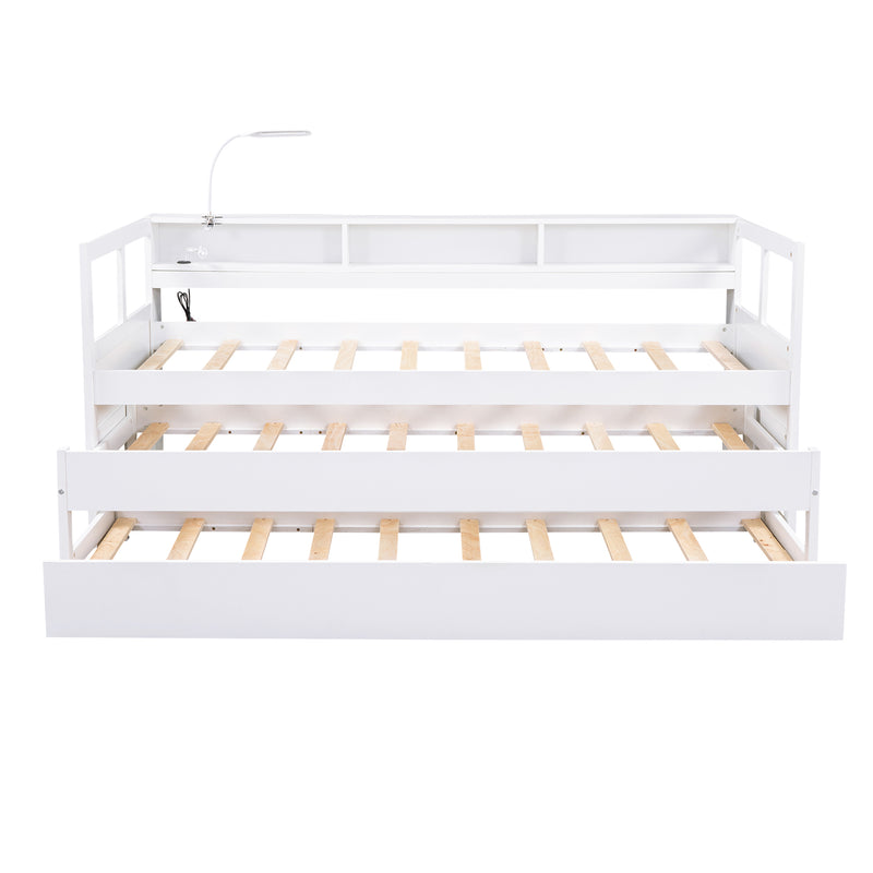 Twin XL Wood Daybed with 2 Trundles, 3 Storage Cubbies, 1 Light for Free and USB Charging Design, White