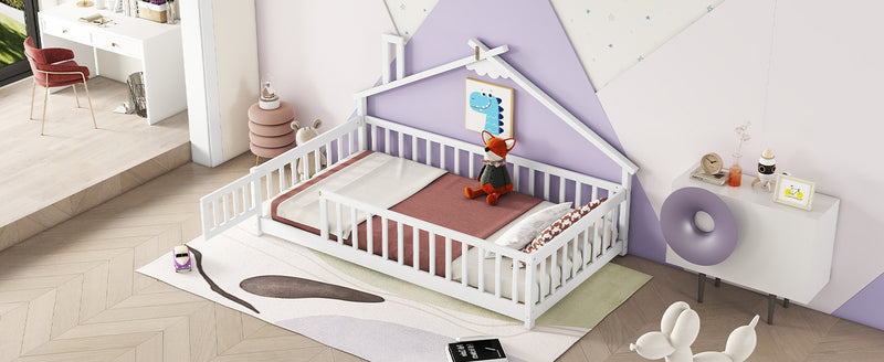 Twin House-Shaped Bedside Floor Bed with Guardrails, Slats, with Door,White