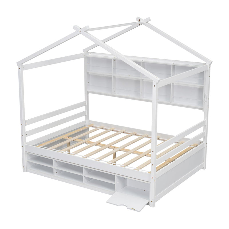 Full House Bed With Roof Frame, Bedside-Shelves, Under Bed Storage Unit - White