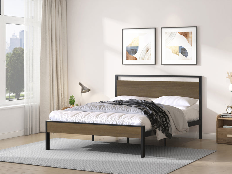 Ceres Metal Bed, Black with Cinnamon Wood Headboard & Footboard, Queen