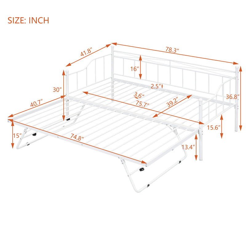 Twin Size Metal Daybed with Twin Size Adjustable Trundle, Portable Folding Trundle, White