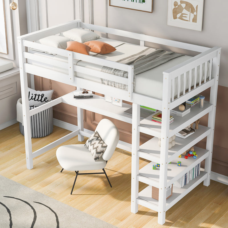 Twin Size Loft Bed with Storage Shelves and Under-bed Desk, White