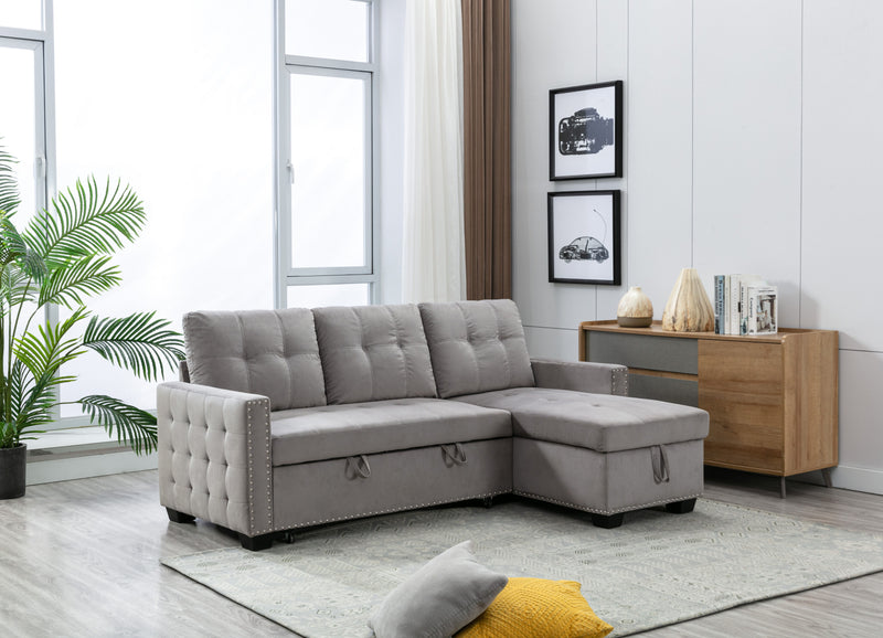 Reversible Sectional Storage Sleeper Sofa Bed, L-Shape 2 Seat Sectional Chaise With Storage, Skin-Feeling Velvet Fabric