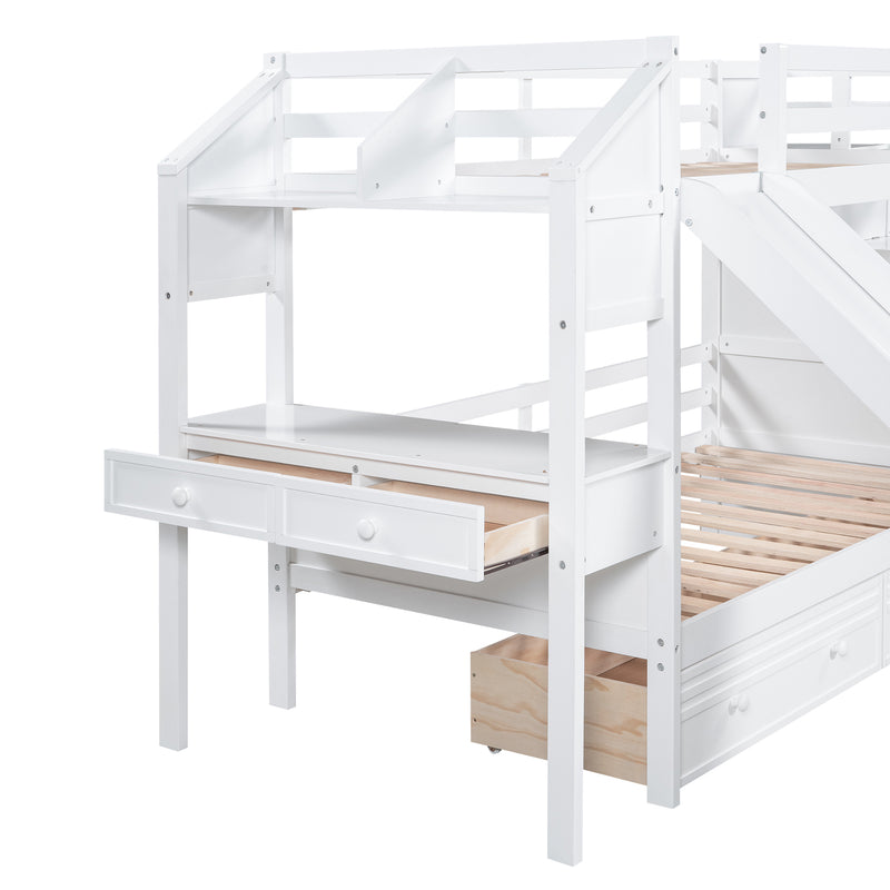 Twin over Twin Bunk Bed with Storage Staircase, Slide and Drawers, Desk with Drawers and Shelves, White