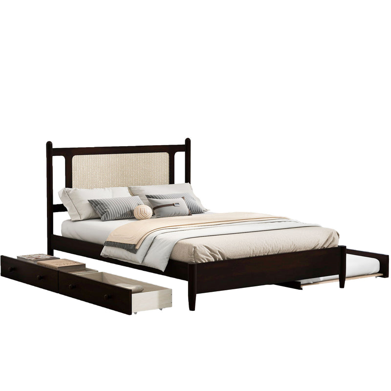 Wooden Rattan Platform Bed, With 2 Big Drawers & Trundle