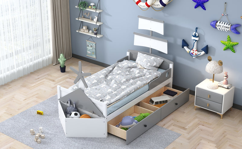 Twin Size Boat-Shaped Platform Bed with 2 Drawers,Twin Bed with Storage for Bedroom,Gray