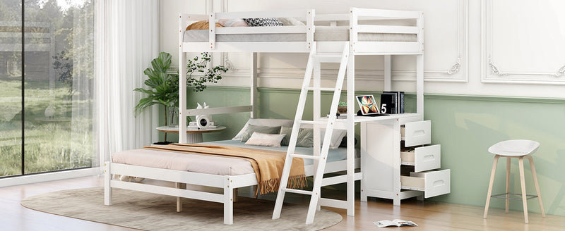 Twin over Full Bunk Bed with Built-in Desk and Three Drawers,White