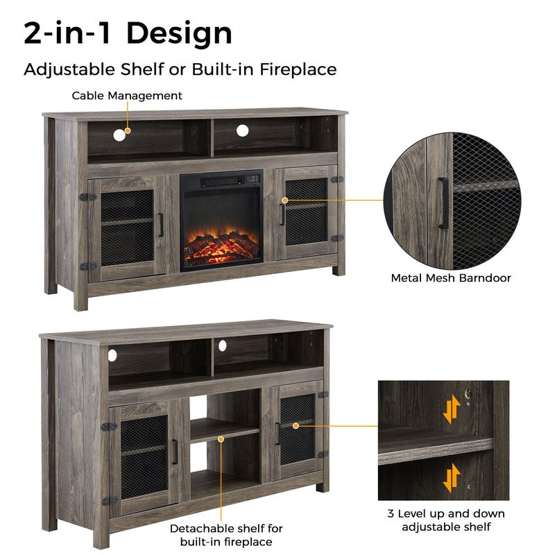 Modern Farmhouse TV Stand With Electric Fireplace, Fit Up To Flat Screen TV With Storage Cabinet And Adjustable Shelves Industrial Entertainment Center For Living Room - Gray