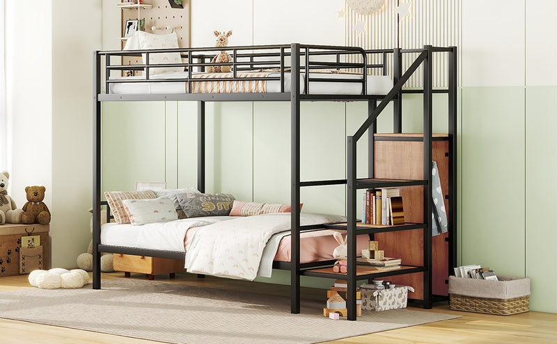 Twin Over Twin Metal Bunk Bed with Lateral Storage Ladder and Wardrobe, Black