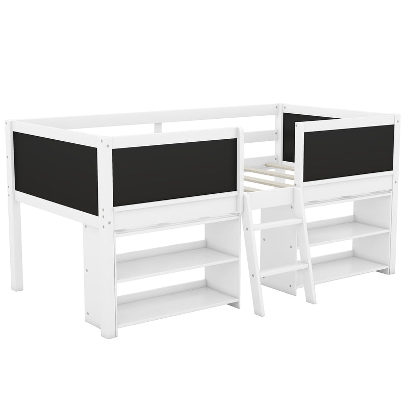 Twin Size Low Loft Bed with Two Movable Shelves and Ladder,with Decorative Guardrail Chalkboard,White(Old SKU: WF283286AAK)