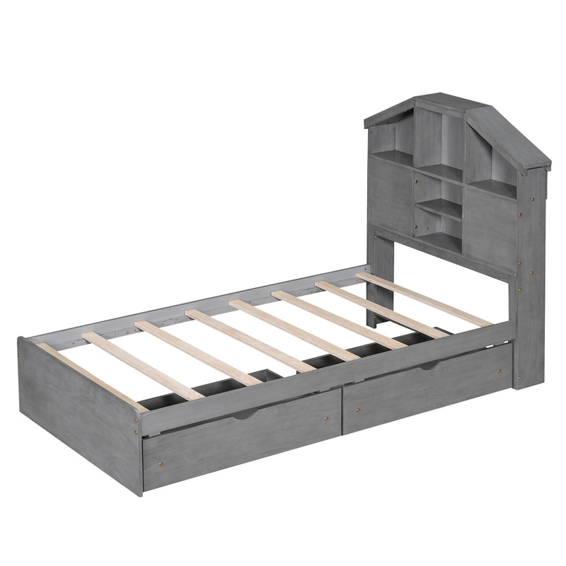 Twin Size Wood Platform Bed with House-shaped Storage Headboard and 2 Drawers, Gray