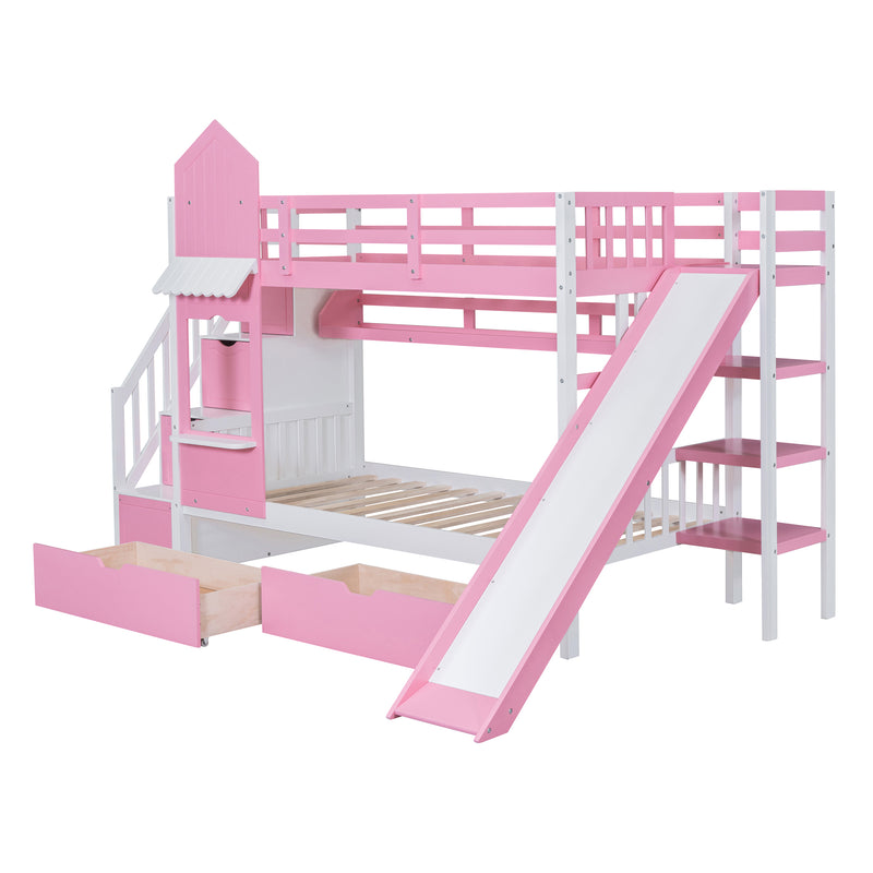 Twin-Over-Twin Castle Style Bunk Bed with 2 Drawers 3 Shelves and Slide - Pink