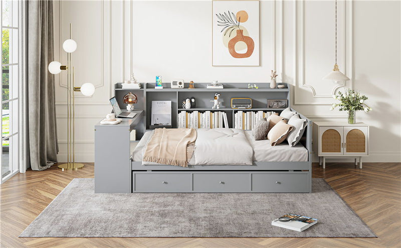 Full Size Wooden Daybed With 3 Drawers, USB Ports And Desk - Gray