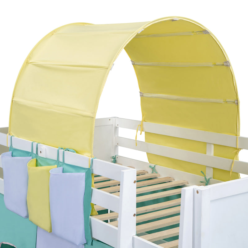 Twin Size Loft Bed with Tent and Tower  and  Three Pockets- Green