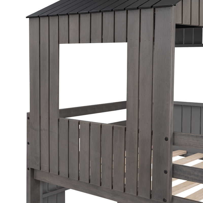 Wooden Twin Over Full Bunk Bed, Loft Bed with Playhouse, Farmhouse, Ladder, Slide and Guardrails, Antique Gray(OLD SKU :LT000028AAE)