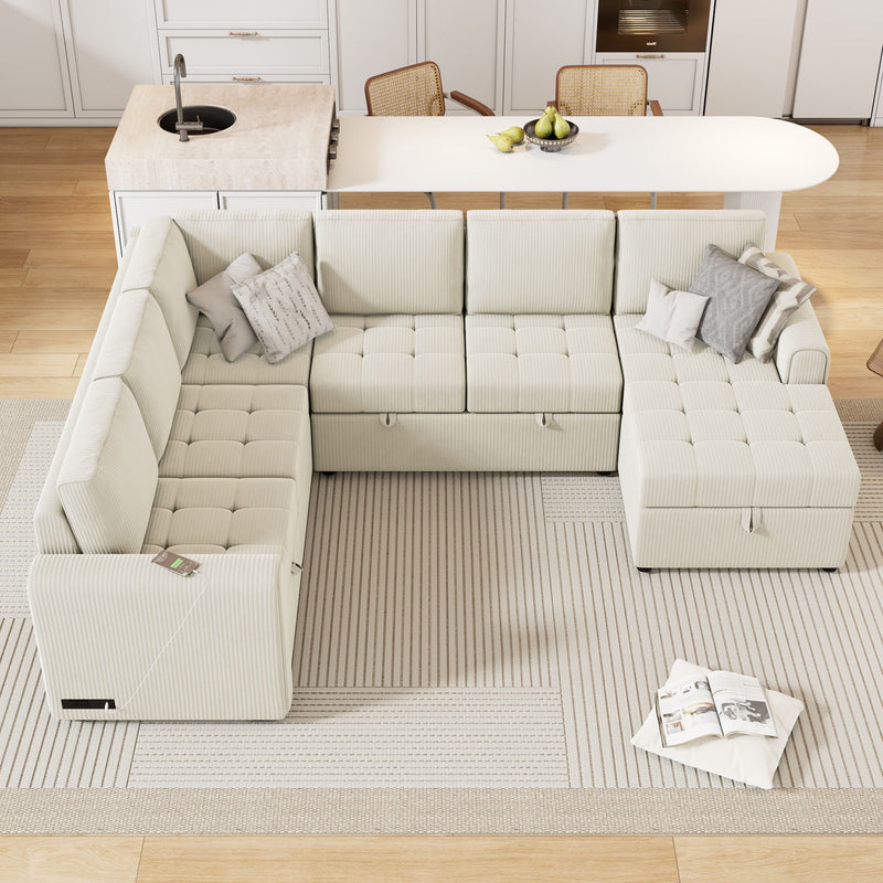 U-Shaped Sofa Sectional Sofa Pull-Out Sofa Bed With A Storage Chaise Lounge, Charging Devices For Living Room - Beige