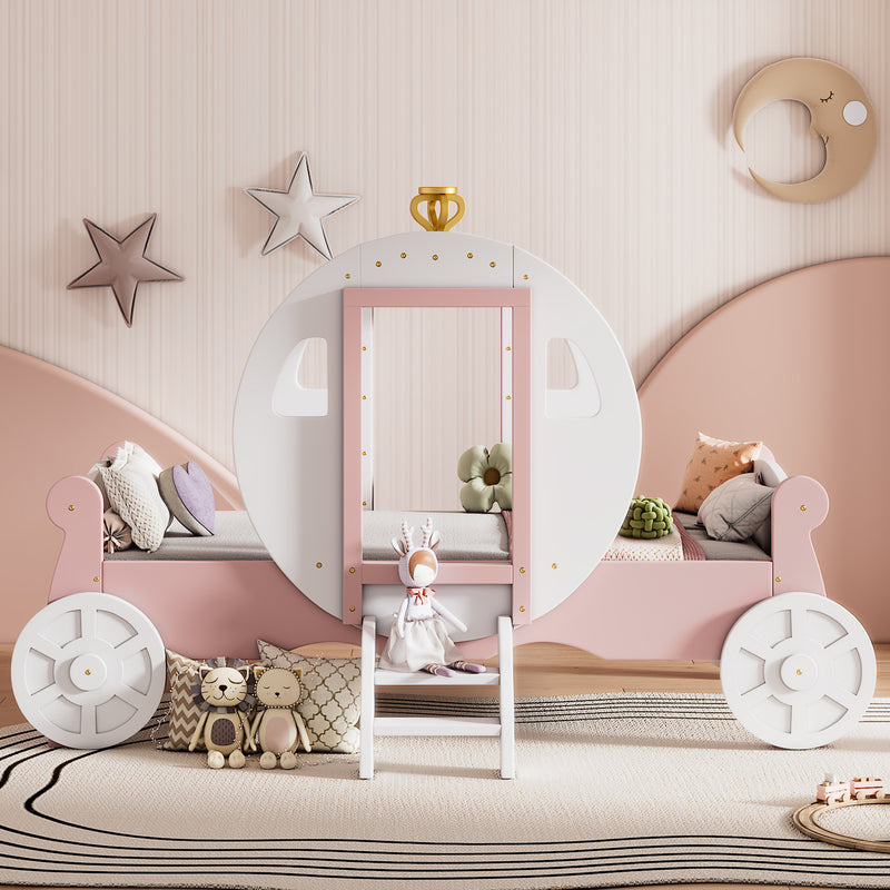 Twin size Princess Carriage Bed with Crown ,Wood Platform Car Bed with Stair,White+Pink