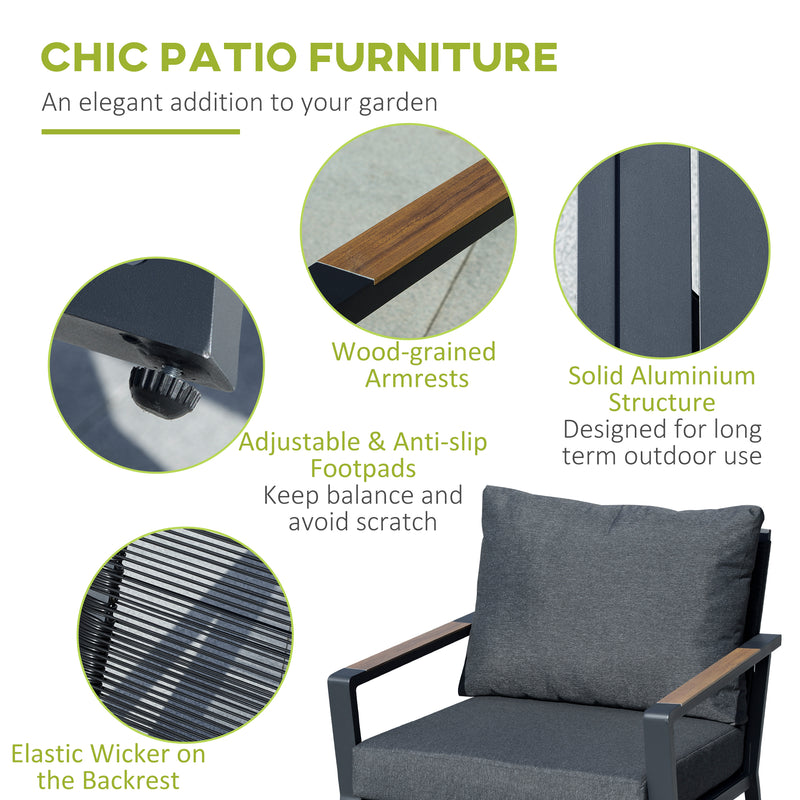 4 Piece Patio Furniture Set, Aluminum Conversation Set, Outdoor Garden Sofa Set with Armchairs, Loveseat, Center Coffee Table and Cushions, Dark Grey