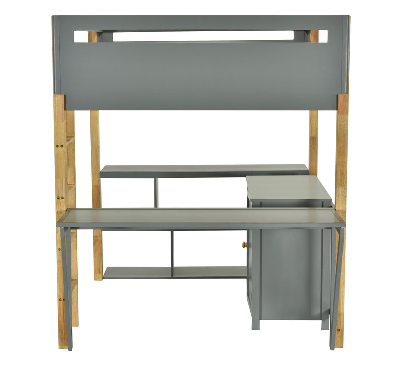 Twin Size Wood Loft Bed With Built-in Storage Cabinet and Cubes, Foldable desk, Gray