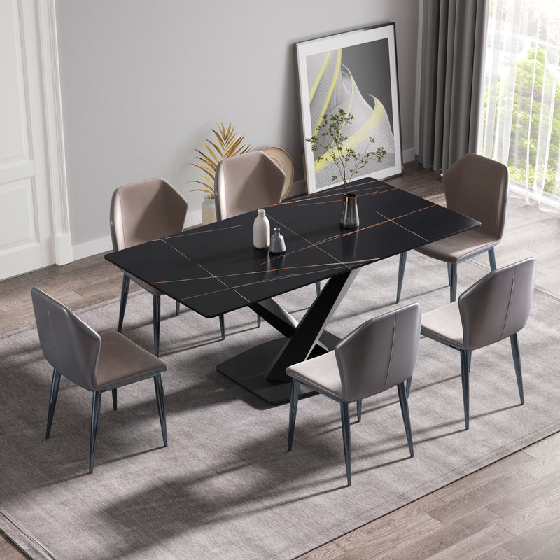 Modern Artificial Stone Straight Edge Metal Leg Dining Table, Can Accommodate 6-8 People - Black