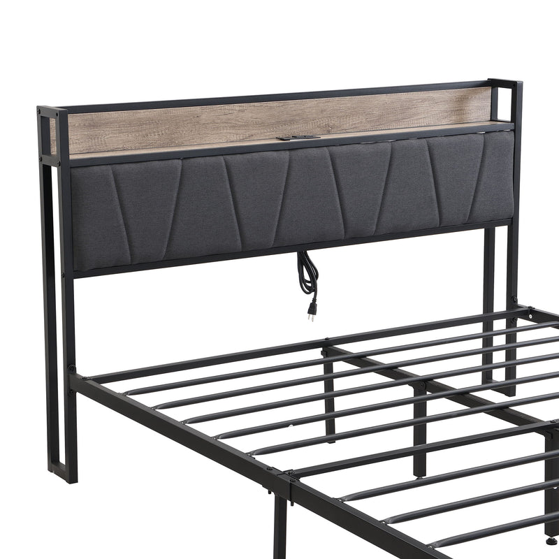 Metal Platform Bed Frame With Upholsteryolstery Storage Function Headboard And USB Liner And Footboard With Drawers, No Box Spring Needed, Large Under Bed Storage