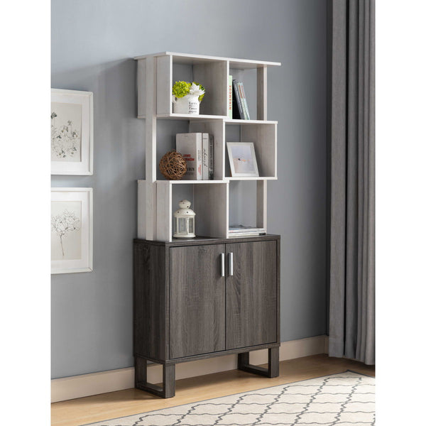 Multi-Level Display Cabinet, Two Door Storage Cabinet With Shelving - White Oak & Distressed Grey