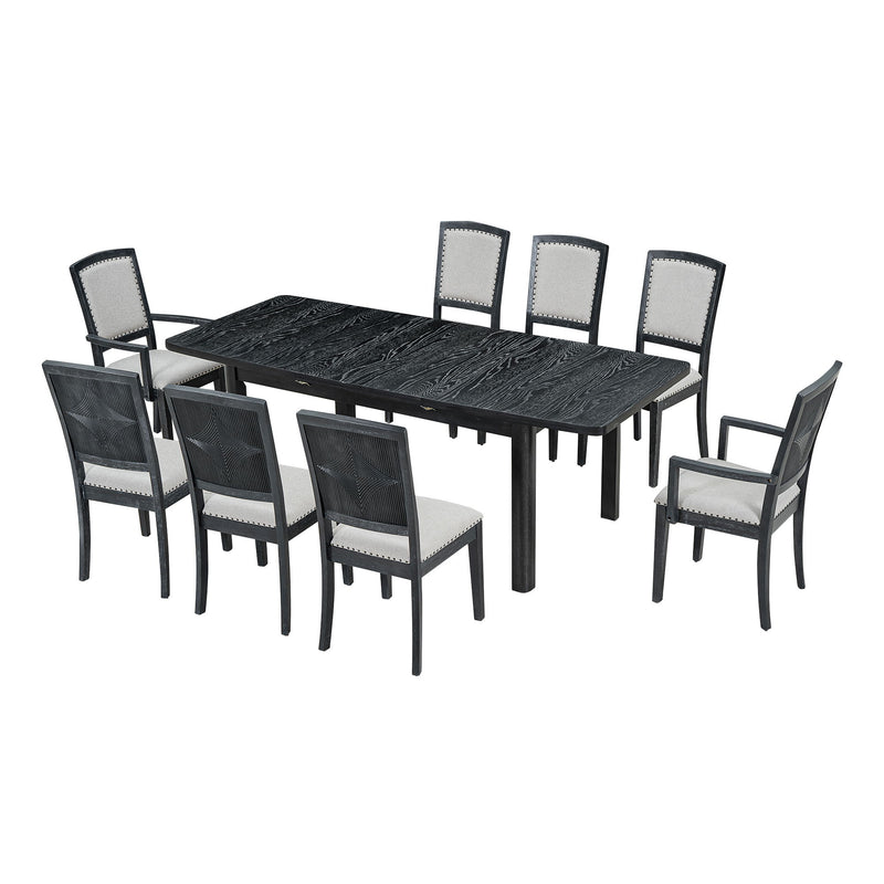 Topmax - Rustic Extendable Dining Table Set With Removable Leaf, 6 Upholstered Armless Dining Chairs And 2 Padded Arm Chairs, 9 Pieces