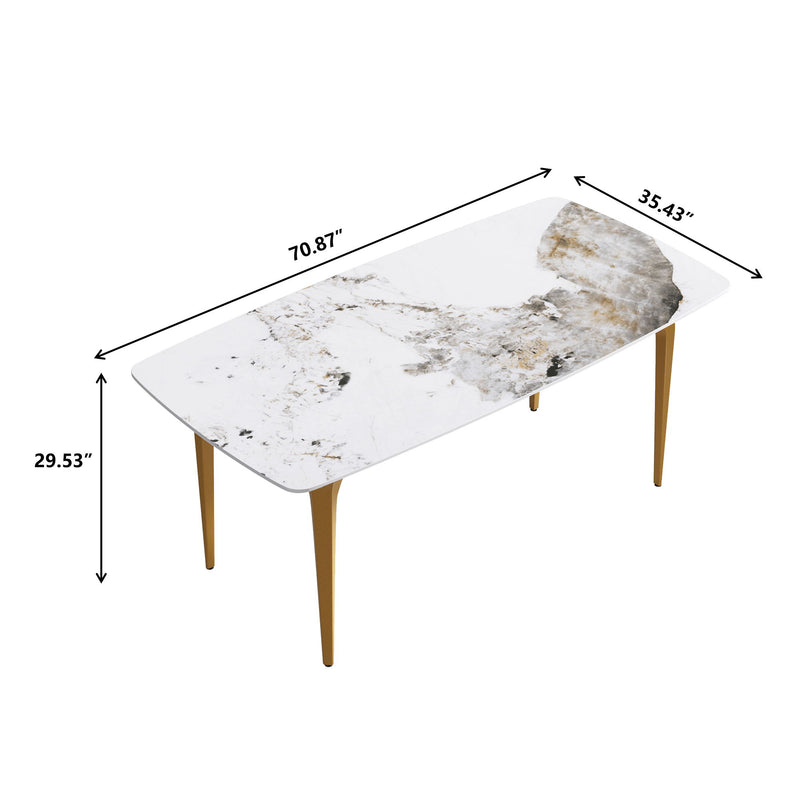 70.87" Modern Artificial Stone Pandora White Curved Golden Metal Leg Dining Table, Can Accommodate 6-8 People - Antique White