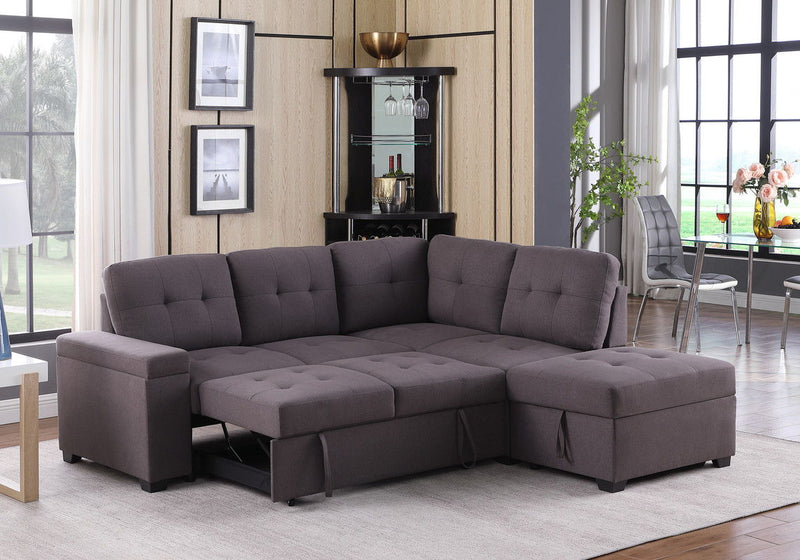 Katie - Linen Sleeper Sectional Sofa With Storage Ottoman, Storage Arm - Brown