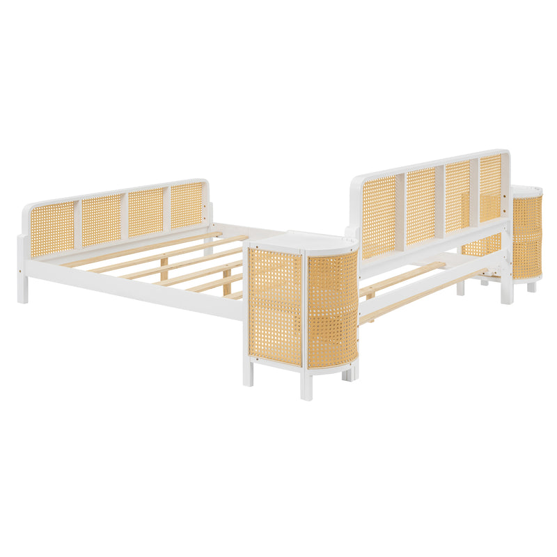 3 Pieces Rattan Platform Full Size Bed With 2 Nightstands,White