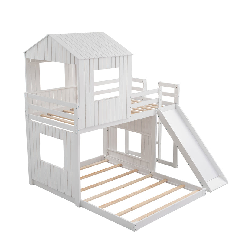 Wooden Twin Over Full Bunk Bed, Loft Bed with Playhouse, Farmhouse, Ladder, Slide and Guardrails, White(OLD SKU :LT000028AAK)