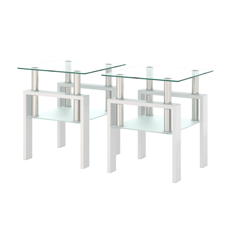 Modern Tempered Glass Tea Table, End Square Table For Living Room (Set of 2) - Transparent / White