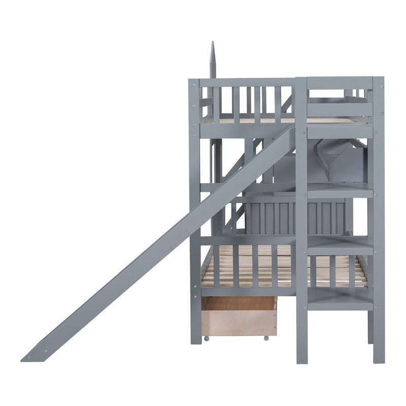 Twin-Over-Twin Castle Style Bunk Bed with 2 Drawers 3 Shelves and Slide - Gray