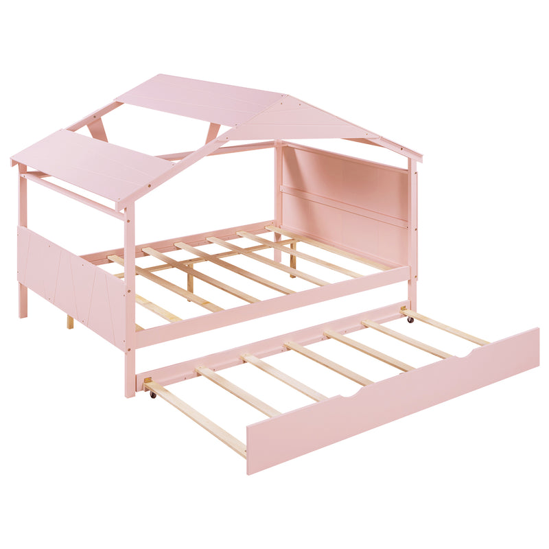 Wood Full Size House Bed with Twin Size Trundle and Storage, Pink