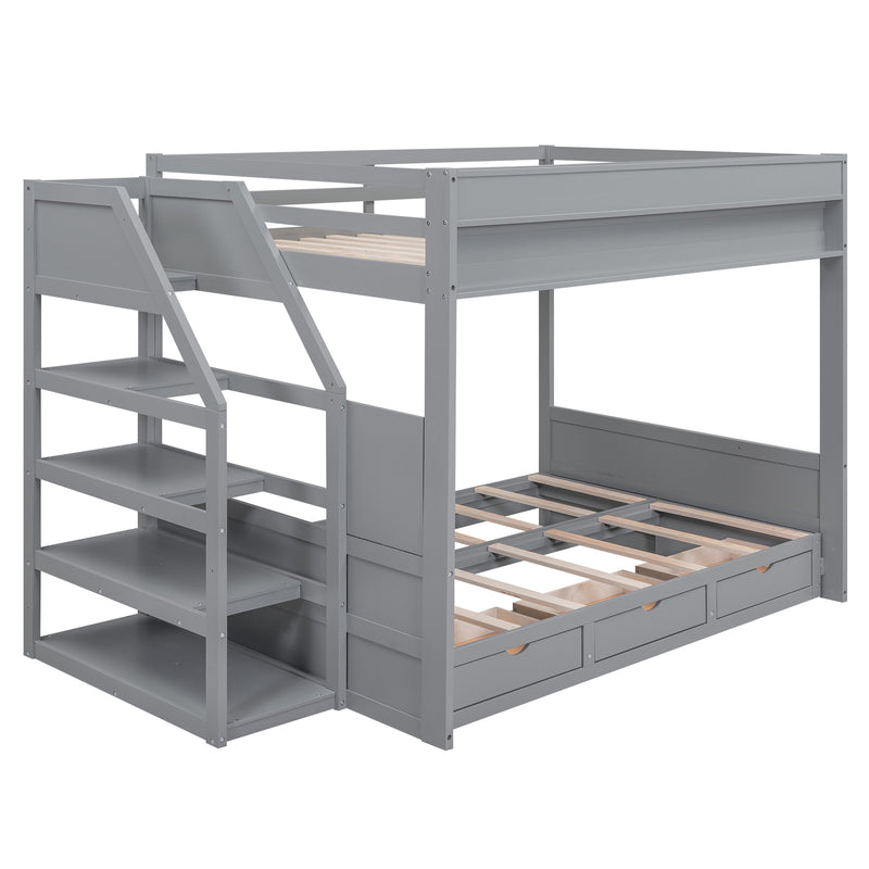 Wood Full Size Convertible Bunk Bed with Storage Staircase, Bedside Table, and 3 Drawers, Gray