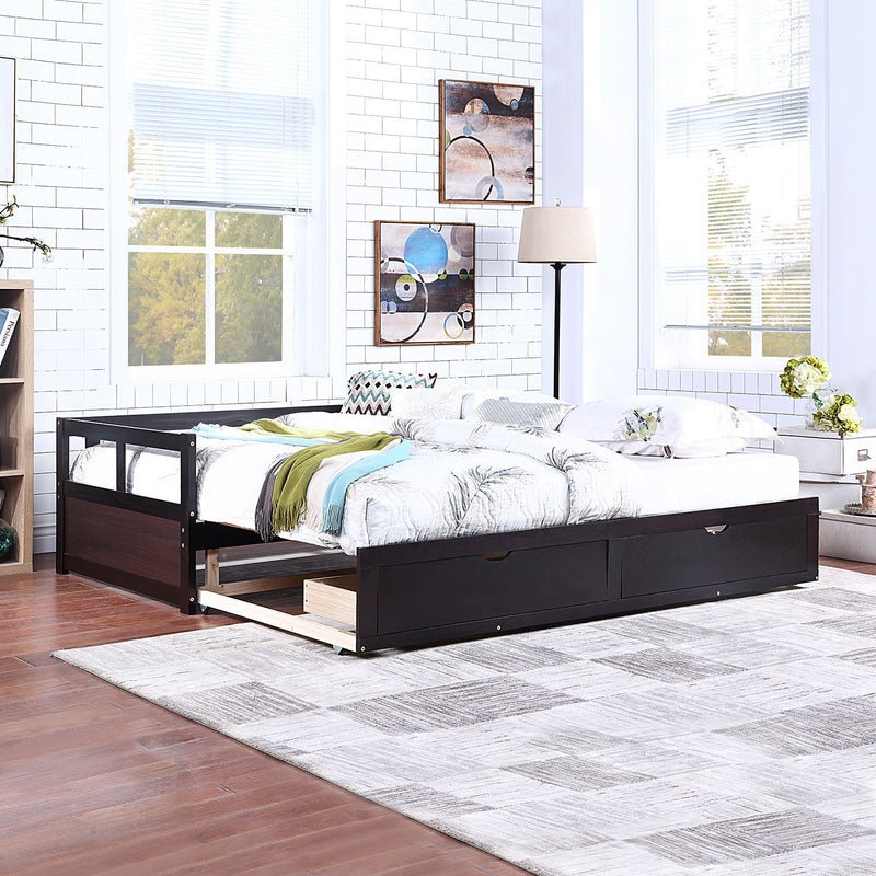 Wooden Daybed With Trundle Bed And Two Storage Drawers, Extendable Bed Daybed, Sofa Bed For Bedroom Living Room - Espresso