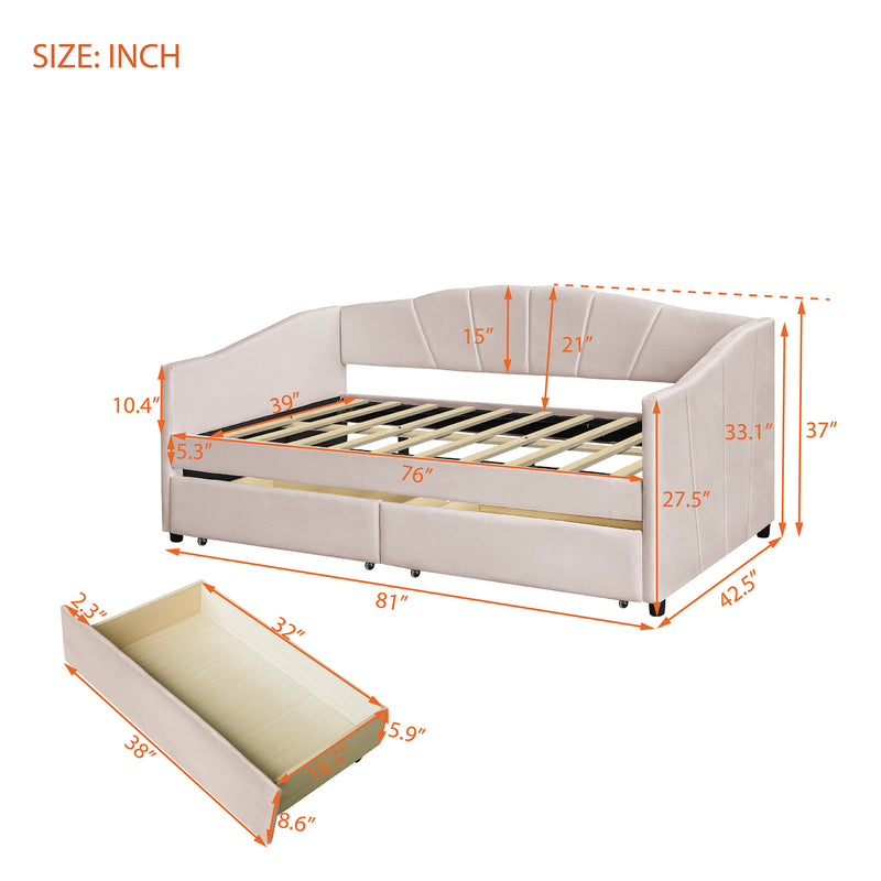 Upholstered daybed Twin Size with Two Drawers and Wood Slat  ,Beige