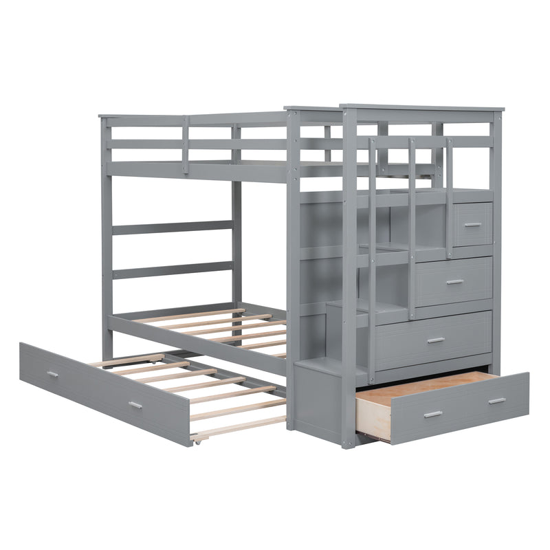 Twin Over Twin Bunk Bed with Trundle and Staircase,Gray(OLD SKU:LT000068AAE)