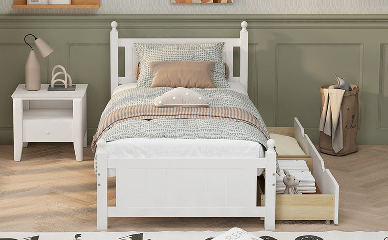 Twin Size Solid Wood Platform Bed Frame with 2 drawers for Limited Space Kids, Teens, Adults, No Need Box Spring, White