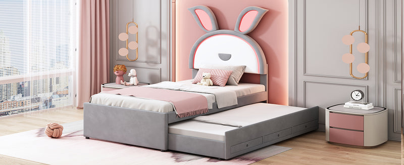 Twin Size Upholstered Platform Bed with Trundle and 3 Drawers, Rabbit-Shaped Headboard with Embedded LED Lights, Gray