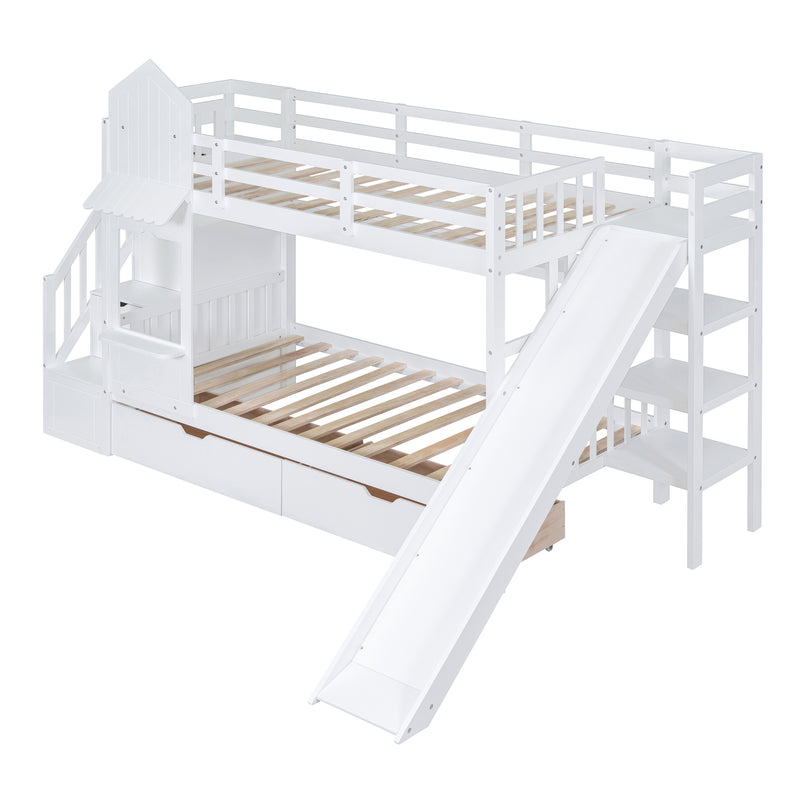 Twin-Over-Twin Castle Style Bunk Bed with 2 Drawers 3 Shelves and Slide - White