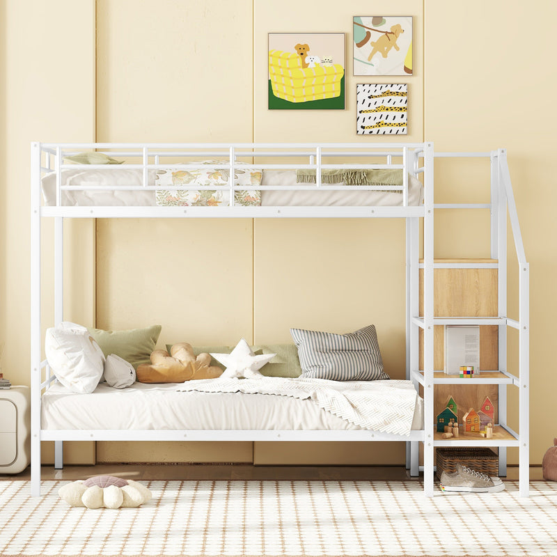 Twin Over Twin Metal Bunk Bed with Lateral Storage Ladder and Wardrobe, White