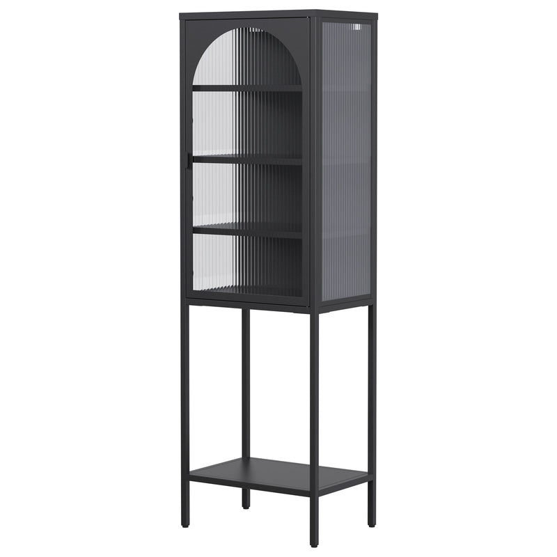 Metal Glass Door Display Storage Cabinet, 5 Tier Cube Bookshelf Storage Cabinet With 3 Adjustable Shelves For Kitchen, Dining Room, Living Room, Bathroom, Home Office - Black