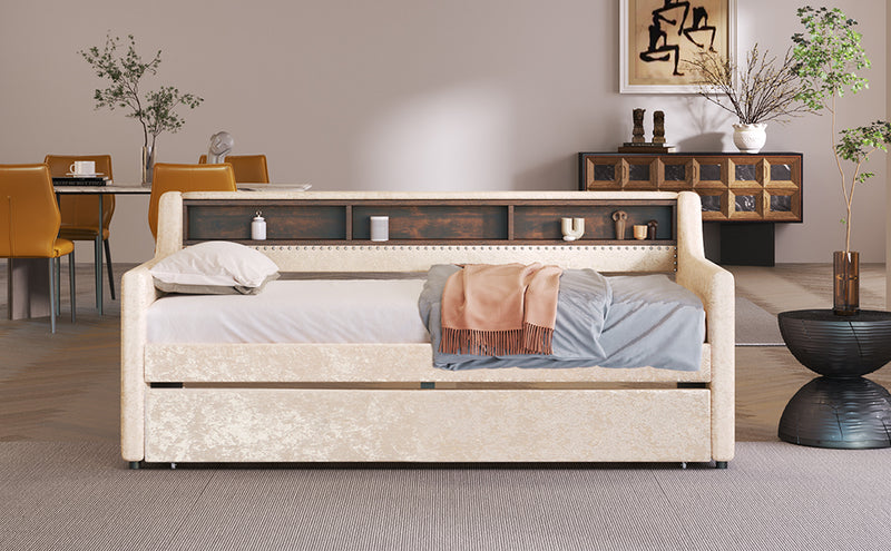 Twin Size Snowflake Velvet Daybed with Trundle and Built-in Storage Shelves,Beige