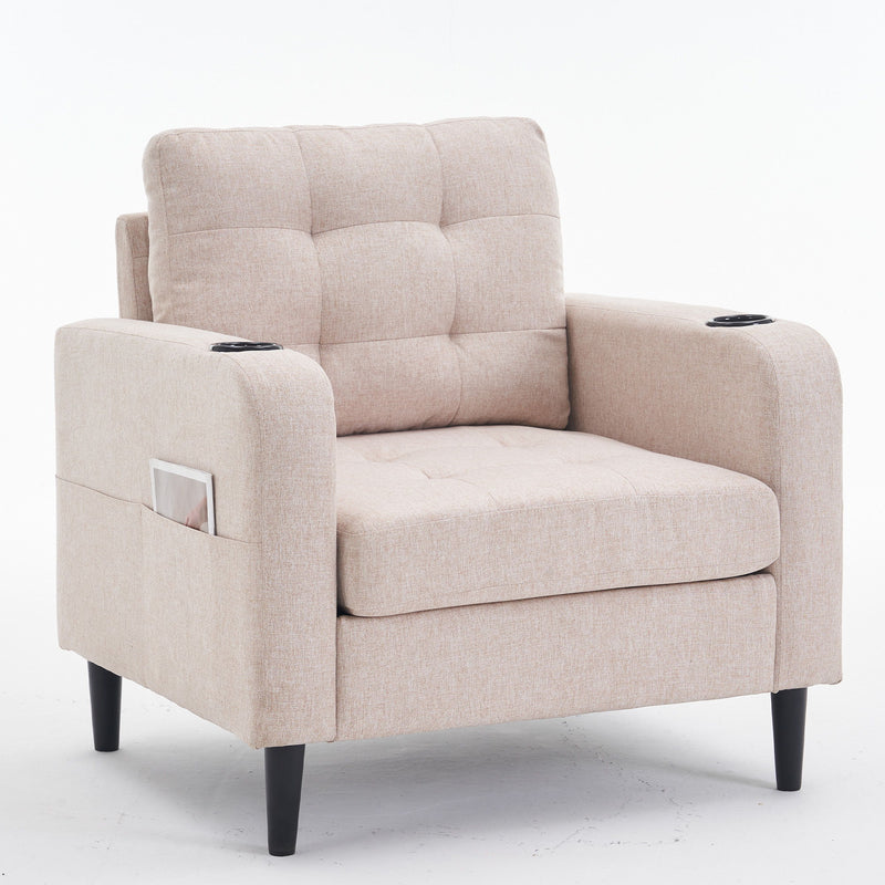 Beige Upholstered Armchair And Storage Ottoman Set, Comfortable Single Sofa With Cup Holders And Tufted Detailing, Ideal For Living Room Or Bedroom - Beige