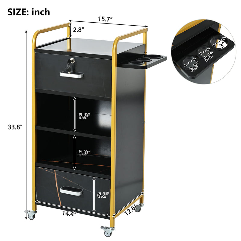 Locking Salon Storage Cabinet, Beauty Barber Salon Styling Station Organizer Equipment With 3 Hair Dryer Holder, 2 Drawers For Beauty Spa Barber Shop - Black