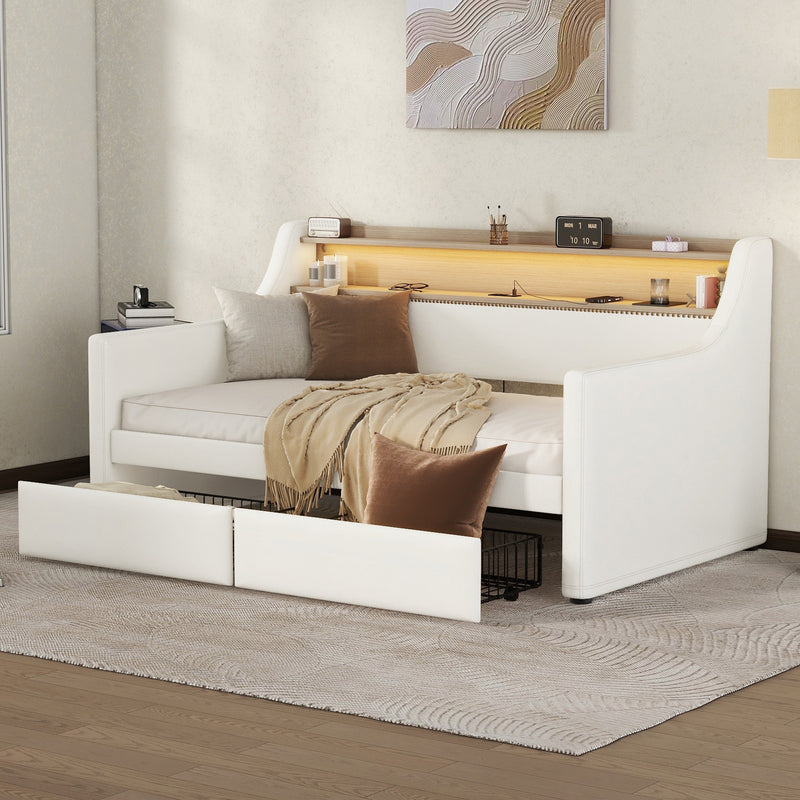 Twin Size Daybed with Storage Drawers, Upholstered Daybed with Charging Station and LED Lights, White(Expect arrival date May, 9th