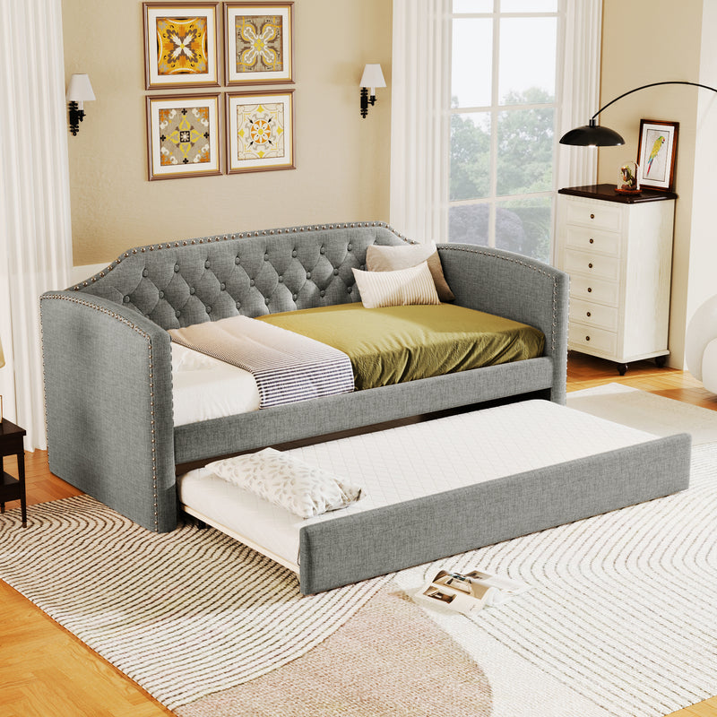 Twin Size Upholstered Daybed with Trundle for Guest Room, Small Bedroom, Study Room, Gray