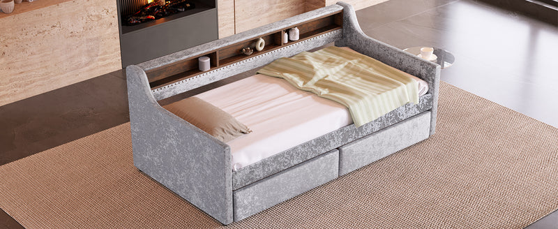 Twin Size Snowflake Velvet Daybed with Two Storage Drawers and Built-in Storage Shelves,Gray