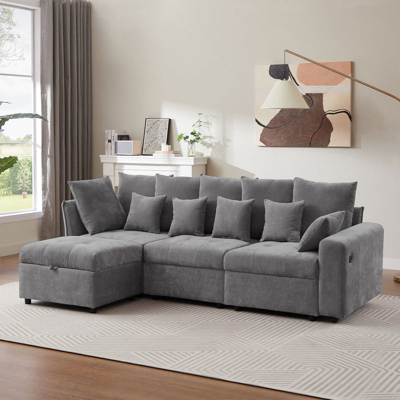 Sectional Sofa Modular Sofa Couch With Three USB Ports, A Removable Storage Ottoman And Five Back Pillows For Living Room